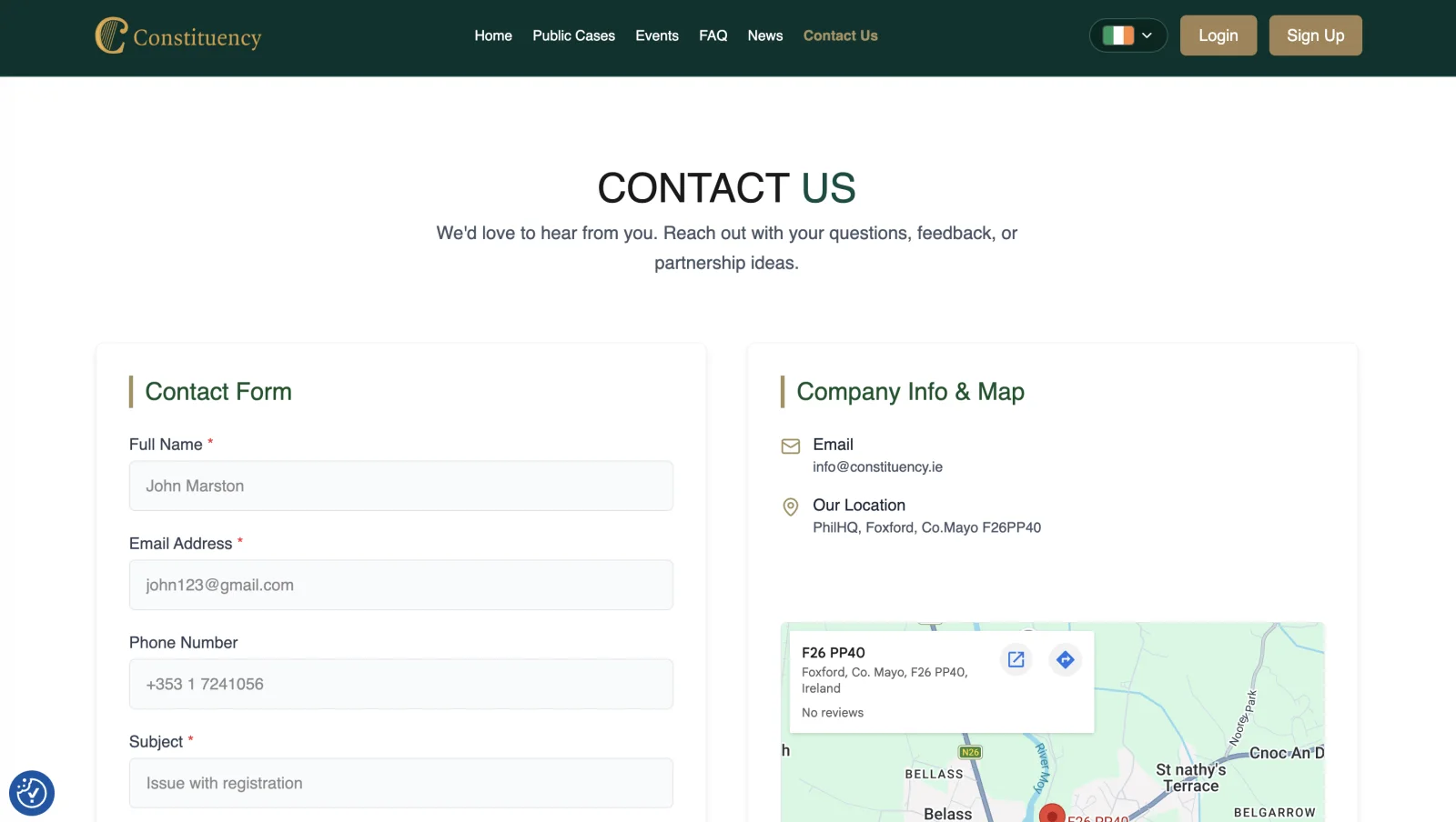 Constituency contact page: contact form alongside company information and an embedded map of the Foxford, County Mayo office