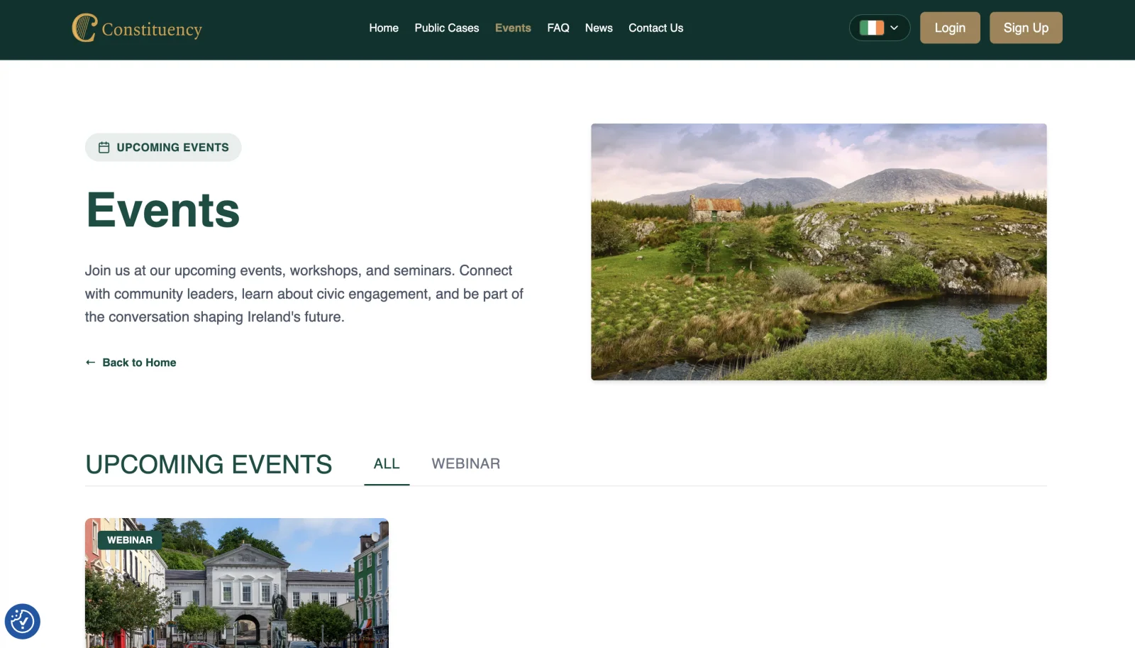 Constituency events page: upcoming events, workshops and seminars with webinar filtering