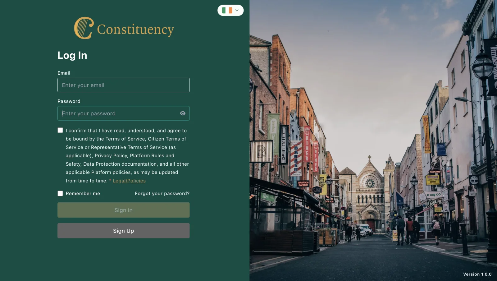 Constituency login page beside a Dublin street scene, with terms of service confirmation