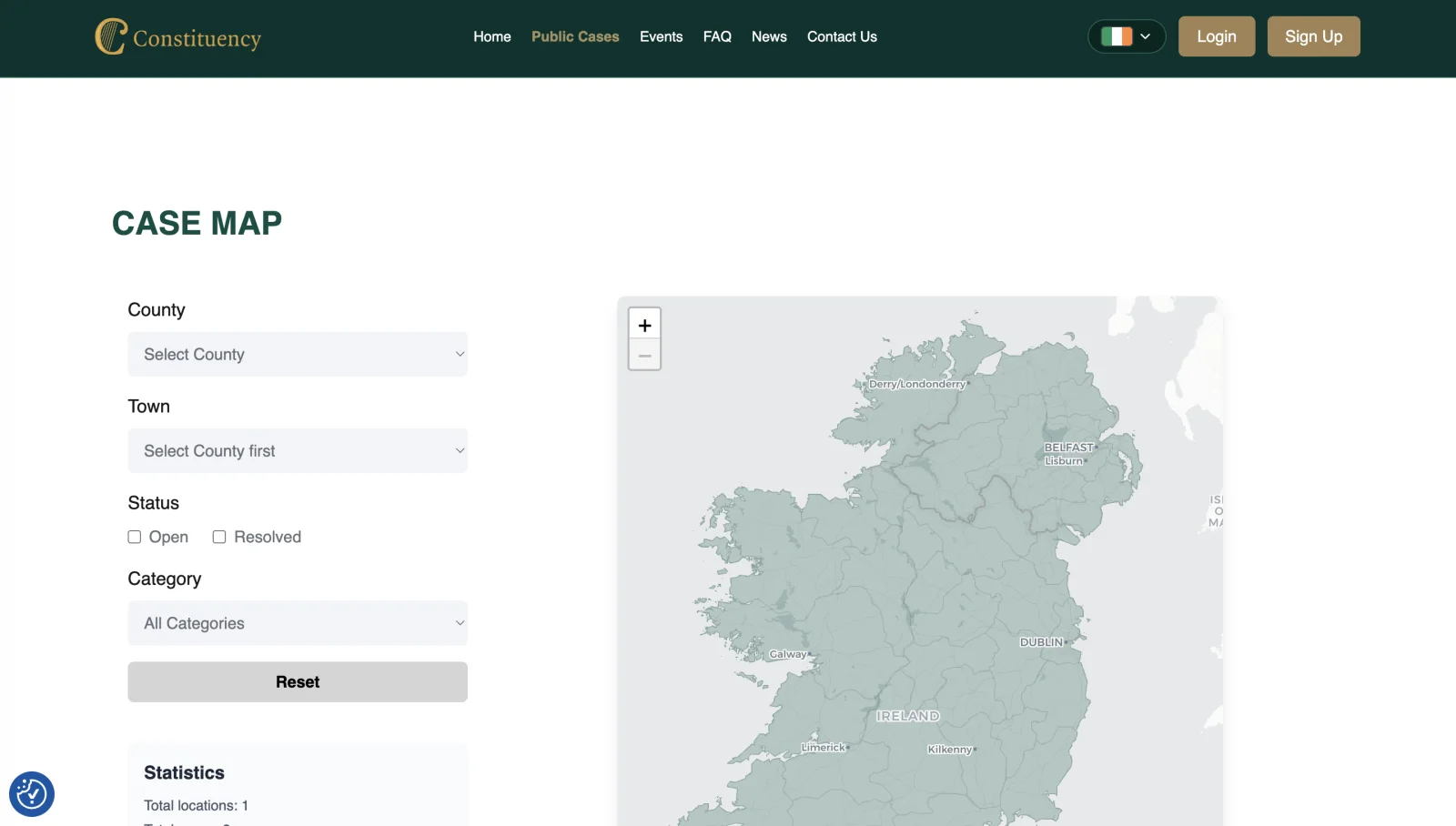 Constituency public case map: filter cases by county, town, status and category across a map of Ireland, with live statistics