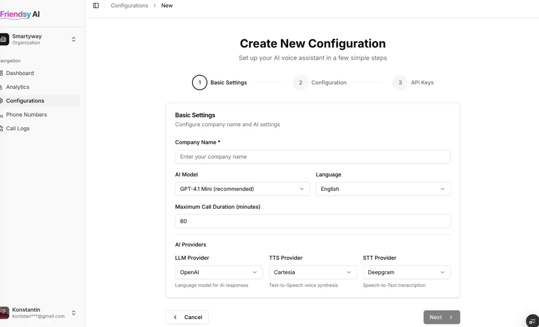 Friendsy agent builder: three-step configuration wizard with AI model, language, and STT/LLM/TTS provider selection