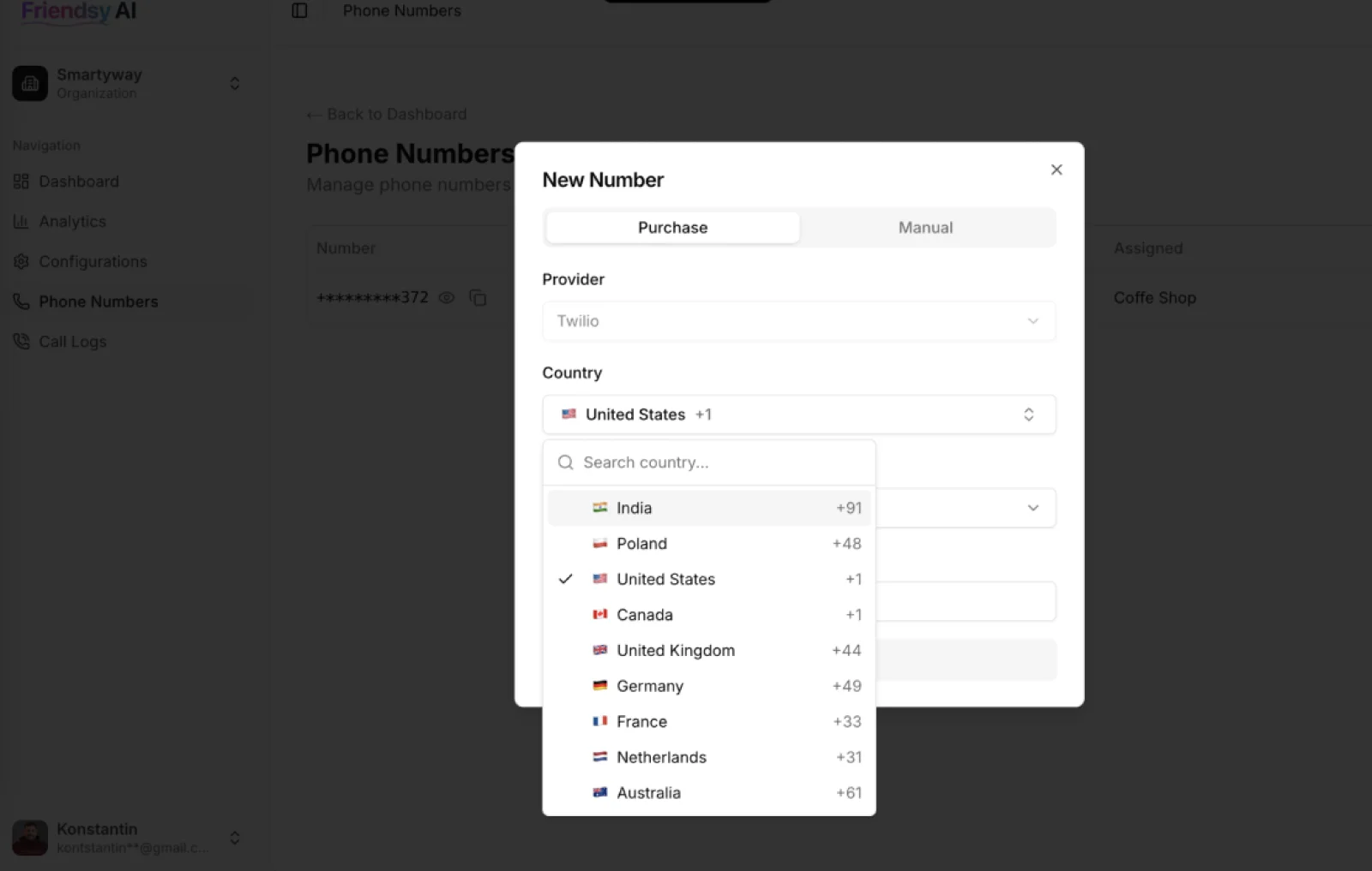 Friendsy phone numbers: buying a new number through Twilio, with a searchable country list and the option to connect an existing number manually