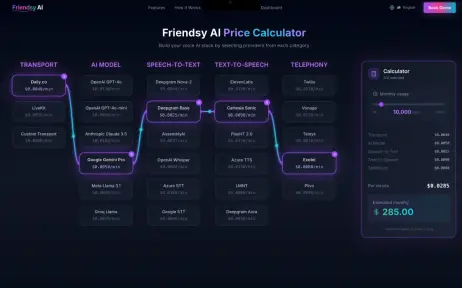 Friendsy price calculator: building a voice AI stack from transport, AI model, speech-to-text, text-to-speech and telephony providers