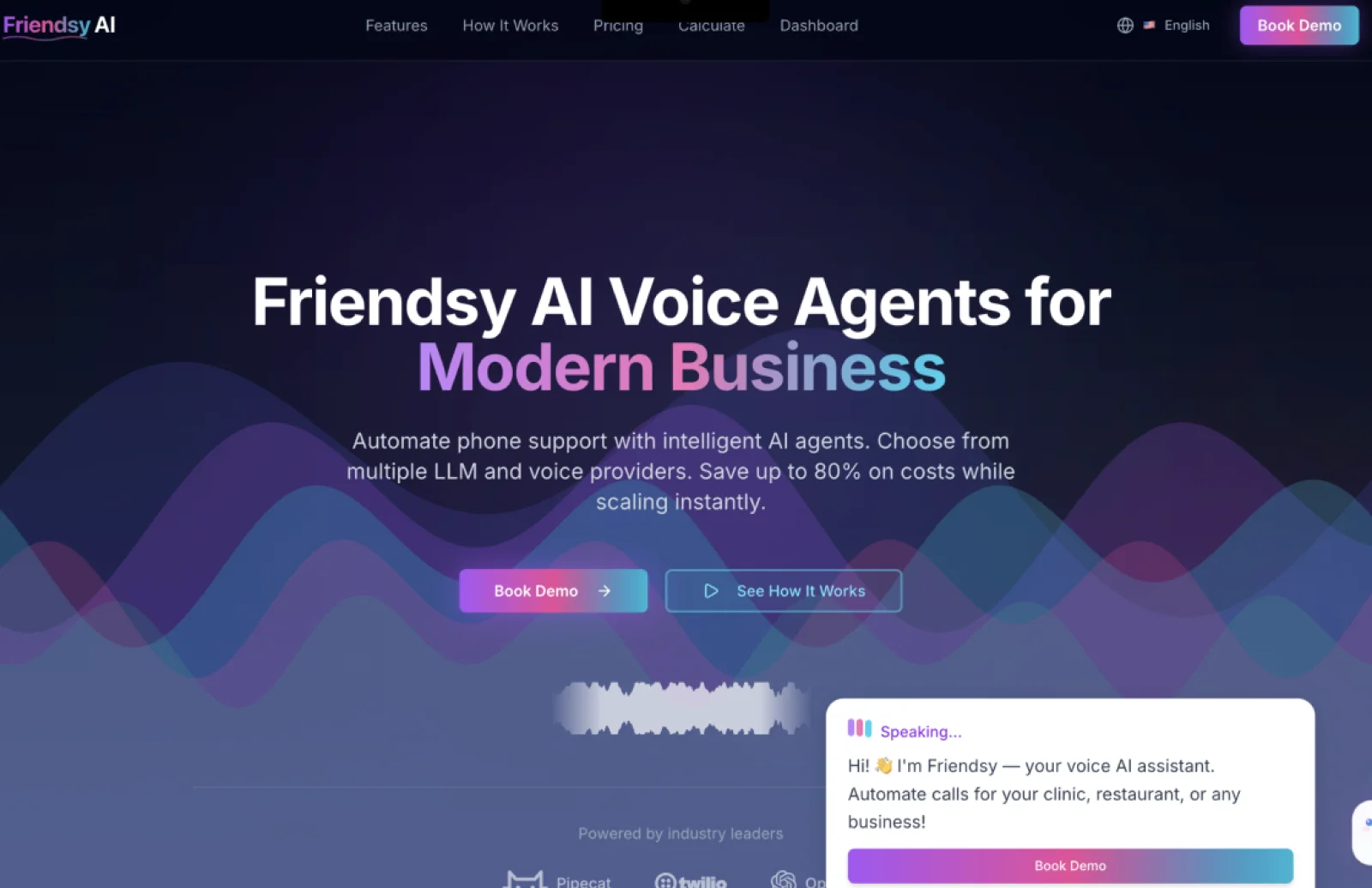 Friendsy AI landing page: voice agents for modern business, with a live speaking assistant widget