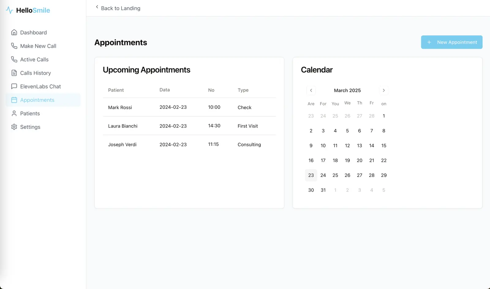 HelloSmile appointments: upcoming appointments table with patients, dates, times and visit types next to a monthly calendar
