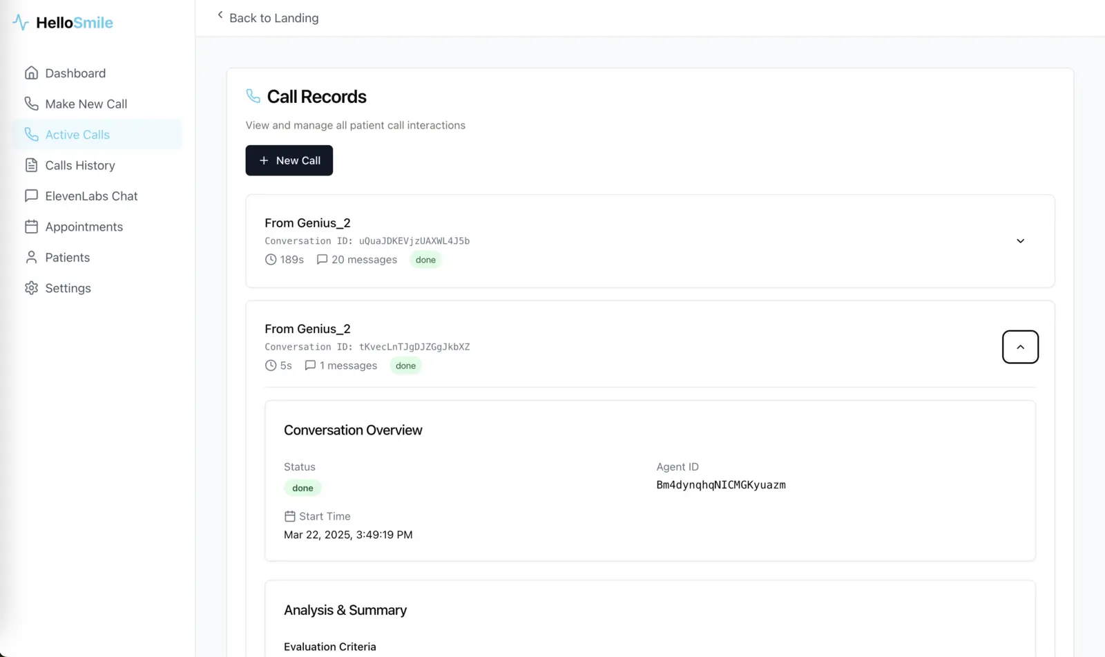 HelloSmile call records: patient call list with durations, message counts, status, and per-call conversation overview with AI analysis and summary