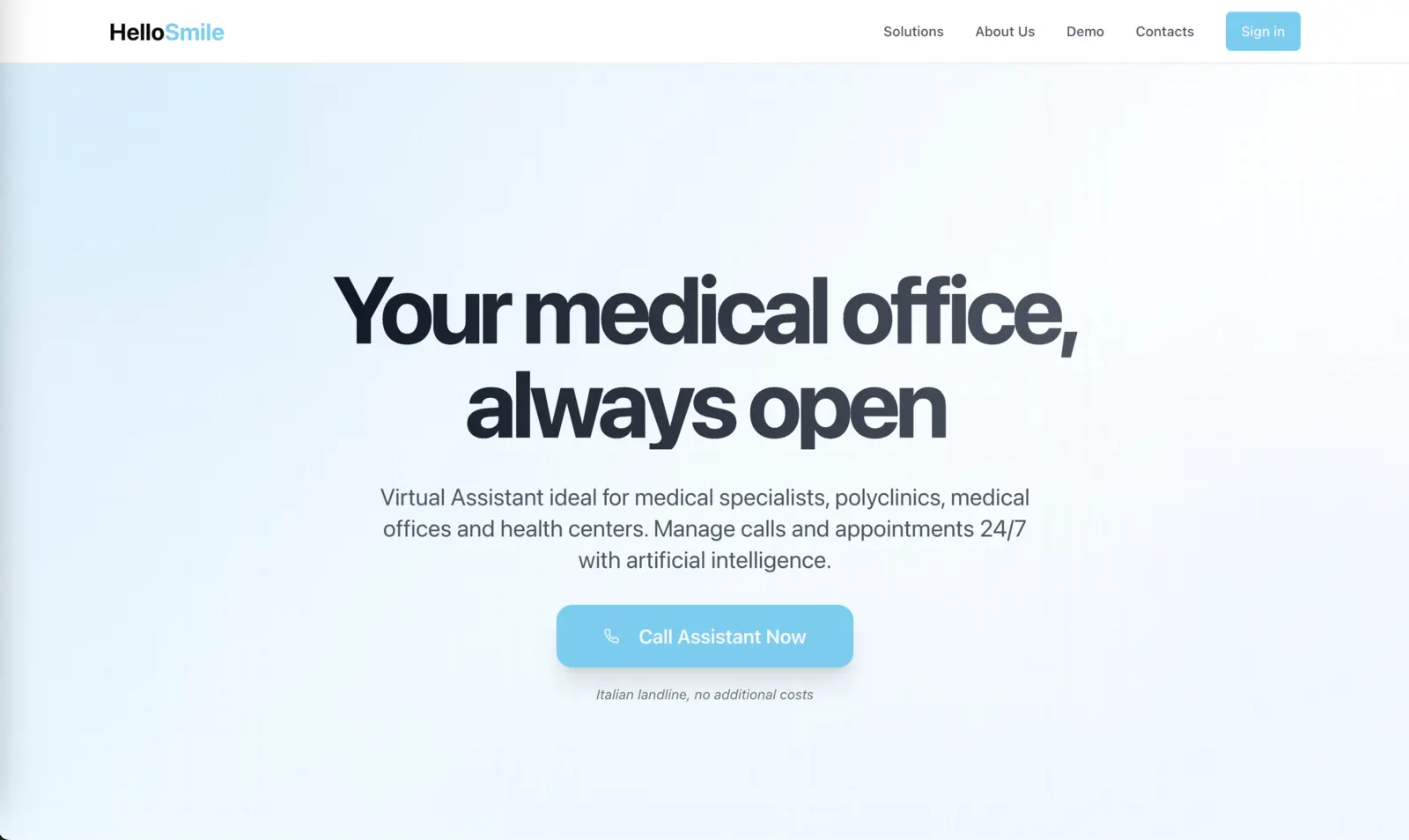 hellosmile.it landing page: your medical office, always open, with a Call Assistant Now button on an Italian landline