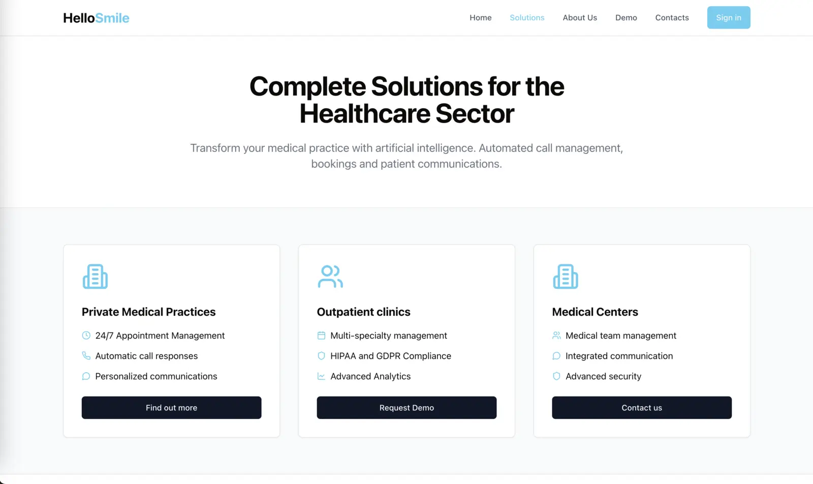 HelloSmile solutions page: offerings for private medical practices, outpatient clinics and medical centers with HIPAA and GDPR compliance