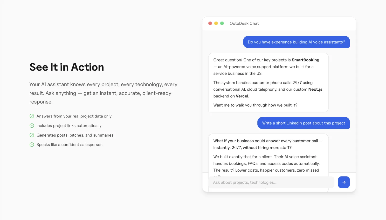 OctoDesk chat answering a question about AI voice assistant experience and generating a LinkedIn post from the project data